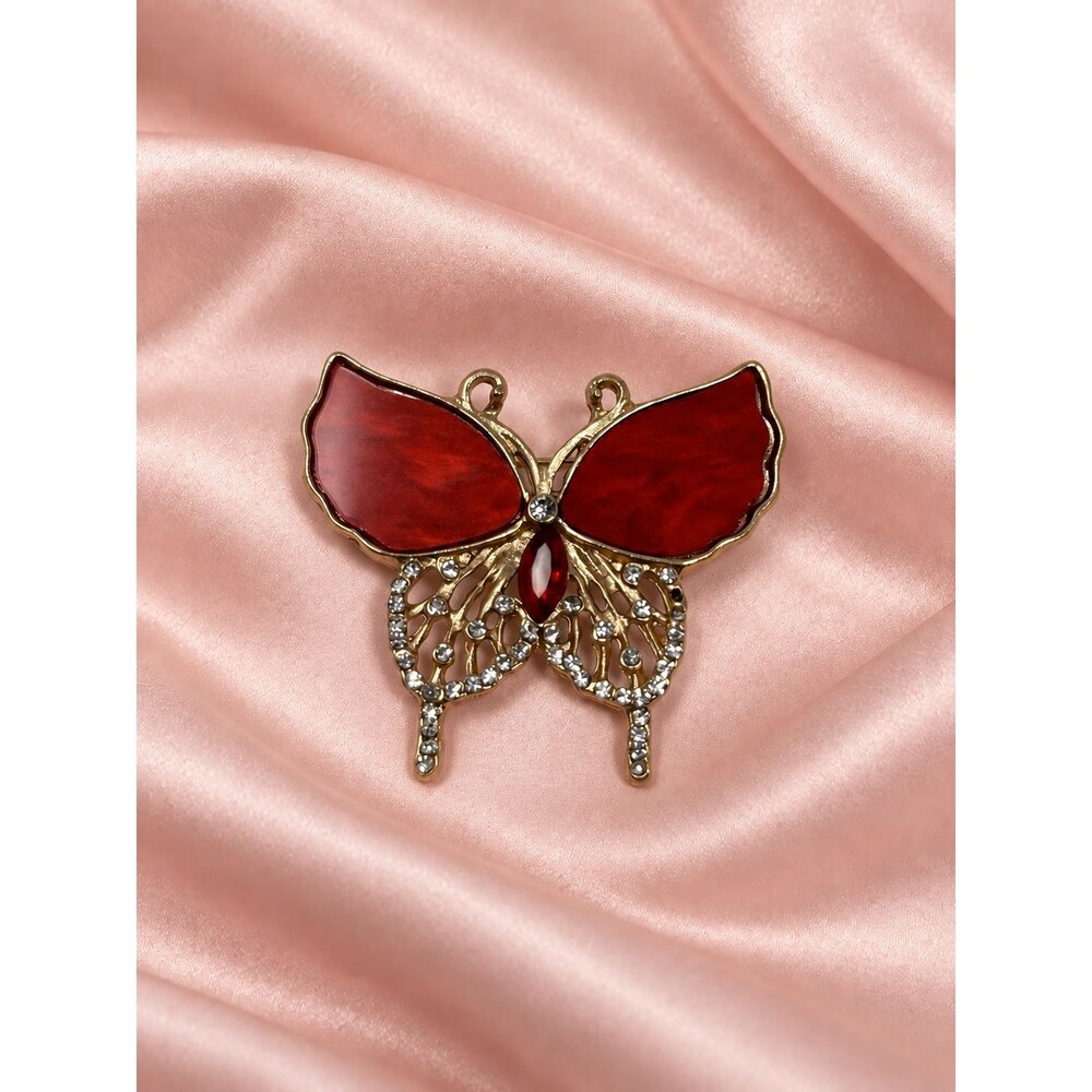 Red Enamel Butterfly Brooch Pin Gold Tone Clear Rhinestones
